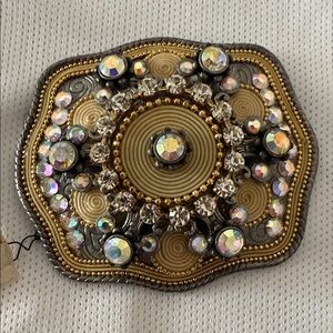 Ornate Rhinestone Belt Buckle Gold Tone AB Stone Western Boho